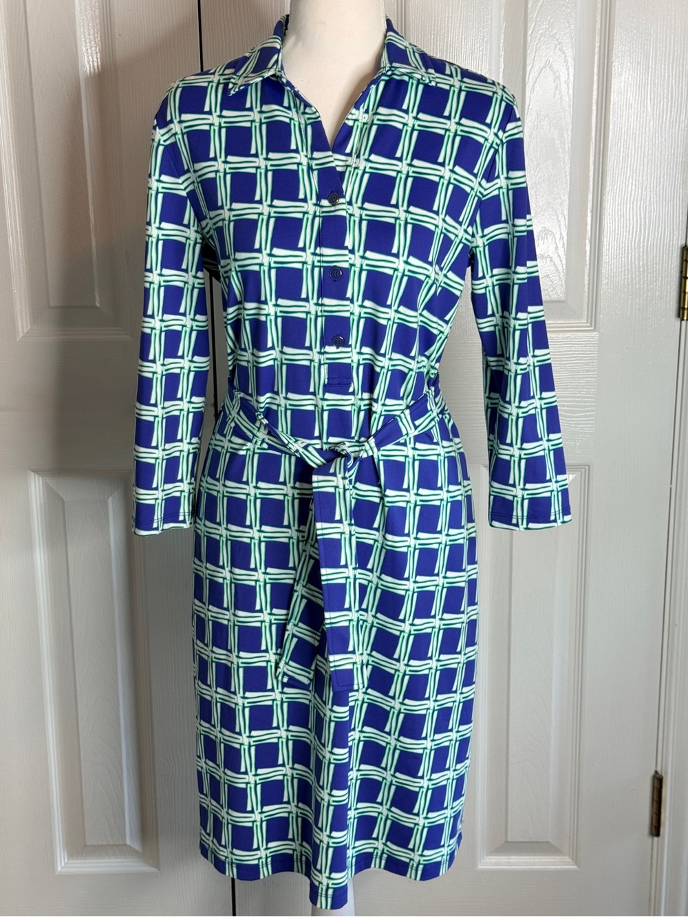 J. McLaughlin Brynn Shirt Dress S Blue Green Geometric Bamboo Catalina Cloth EUC